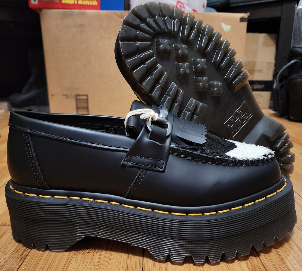 NEW Dr. Martens Adrian Snaffle Quad Platform Loafers Black Cow Print Women Sz 7